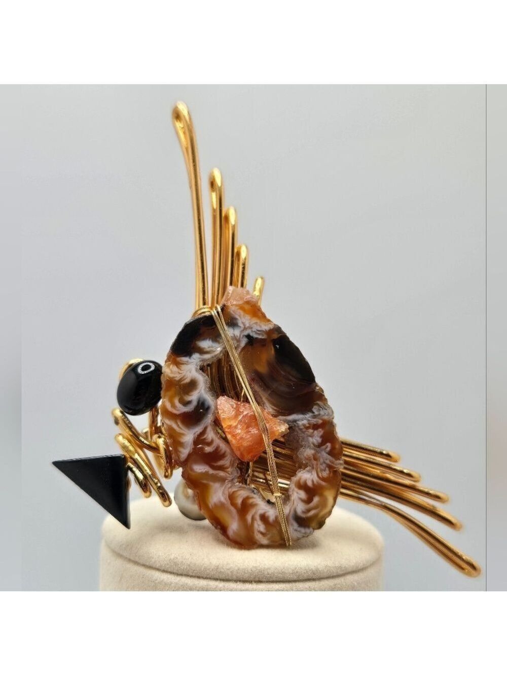 Black Brown Fish or Bird Statement Brooch Handmade Folk Art Gold Pin